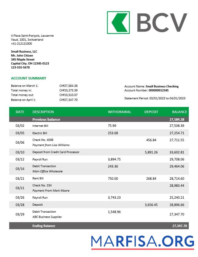 Printable BCV Bank company account statement Word and PDF template